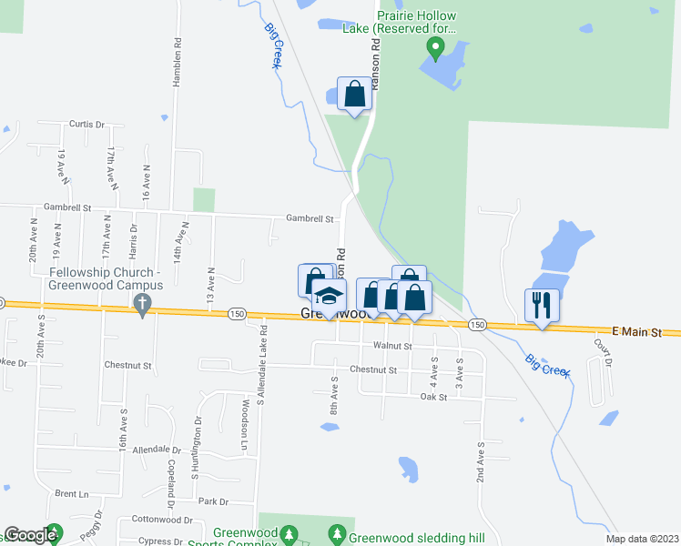 map of restaurants, bars, coffee shops, grocery stores, and more near 205 Ranson Road in Greenwood