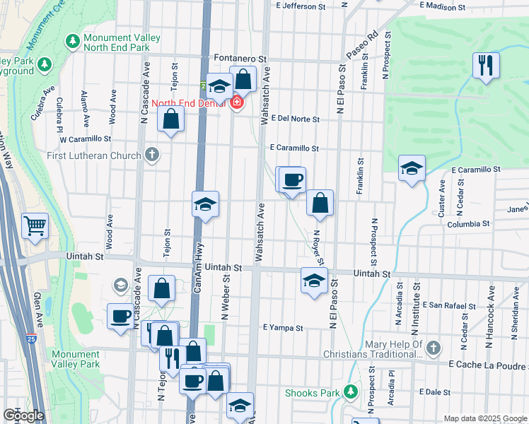 map of restaurants, bars, coffee shops, grocery stores, and more near 1333 North Wahsatch Avenue in Colorado Springs