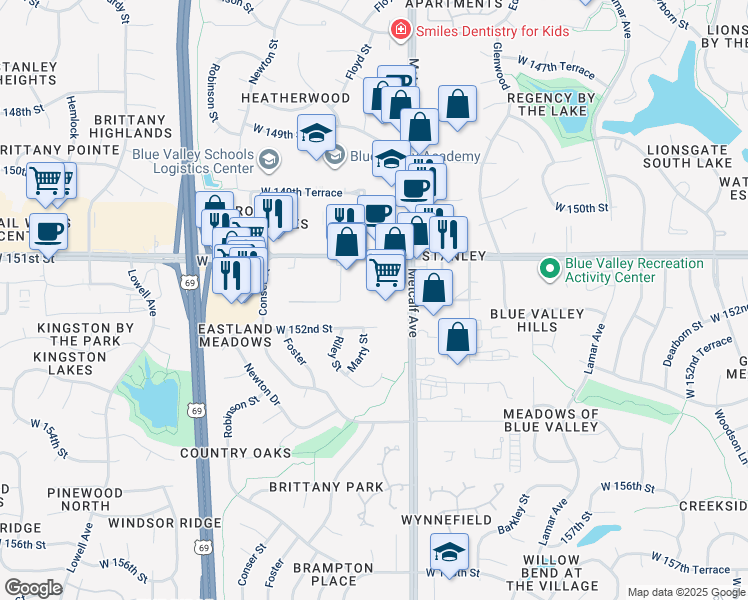 map of restaurants, bars, coffee shops, grocery stores, and more near 7201 West 151st Street in Overland Park