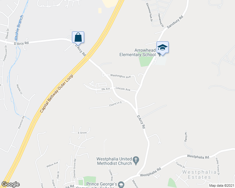 map of restaurants, bars, coffee shops, grocery stores, and more near 9142 D'Arcy Road in Upper Marlboro