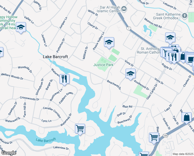 map of restaurants, bars, coffee shops, grocery stores, and more near 6219 Beachway Drive in Falls Church