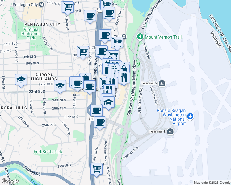 map of restaurants, bars, coffee shops, grocery stores, and more near 23rd St S & Crystal Dr in Arlington