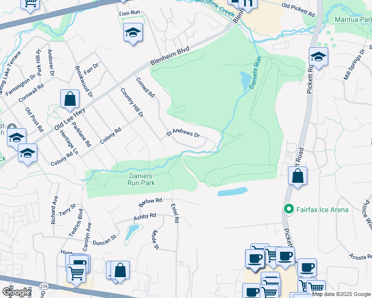 map of restaurants, bars, coffee shops, grocery stores, and more near 3613 Cornell Road in Fairfax