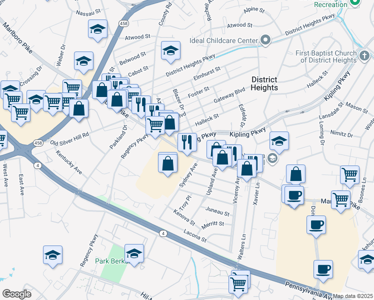 map of restaurants, bars, coffee shops, grocery stores, and more near 6400 Marlboro Pike in District Heights
