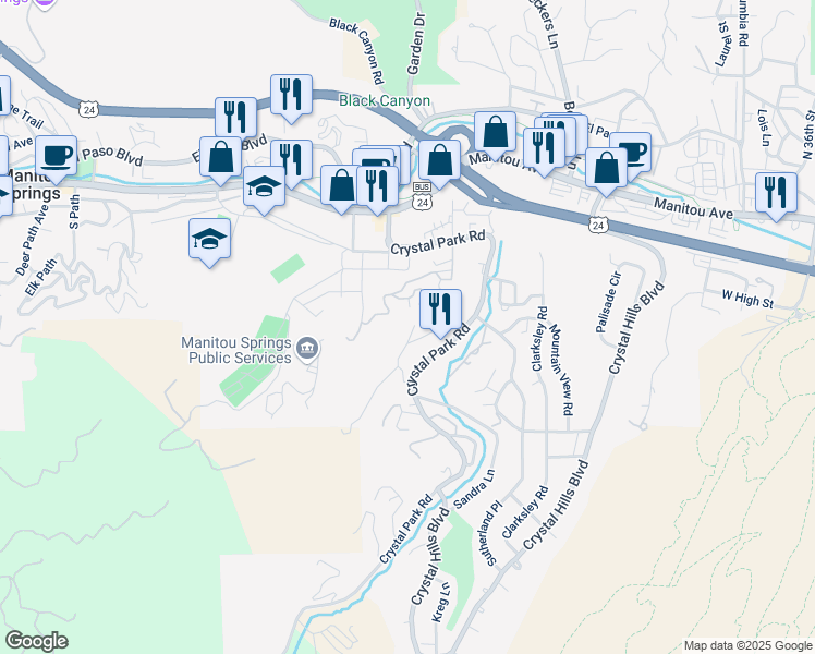 map of restaurants, bars, coffee shops, grocery stores, and more near 4 Spur Road in Manitou Springs