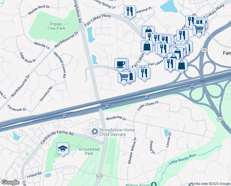 map of restaurants, bars, coffee shops, grocery stores, and more near 13101 Quail Creek Lane in Fairfax