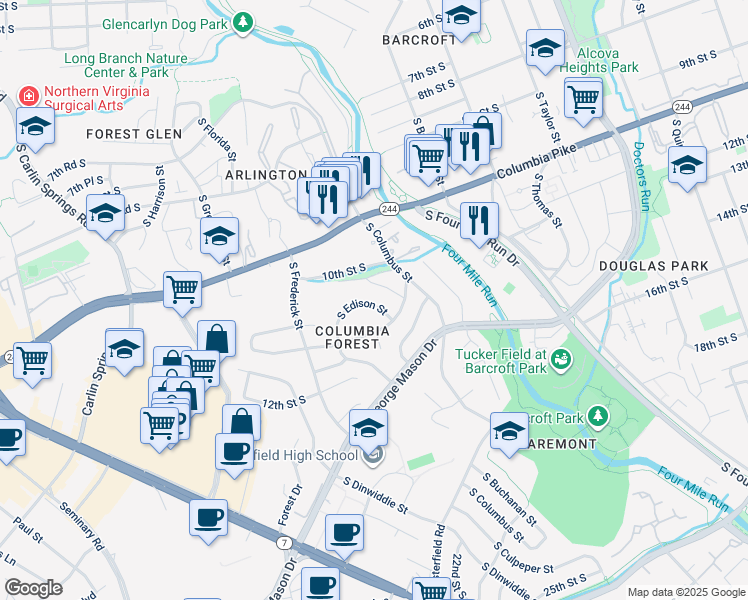 map of restaurants, bars, coffee shops, grocery stores, and more near 1020 South Edison Street in Arlington