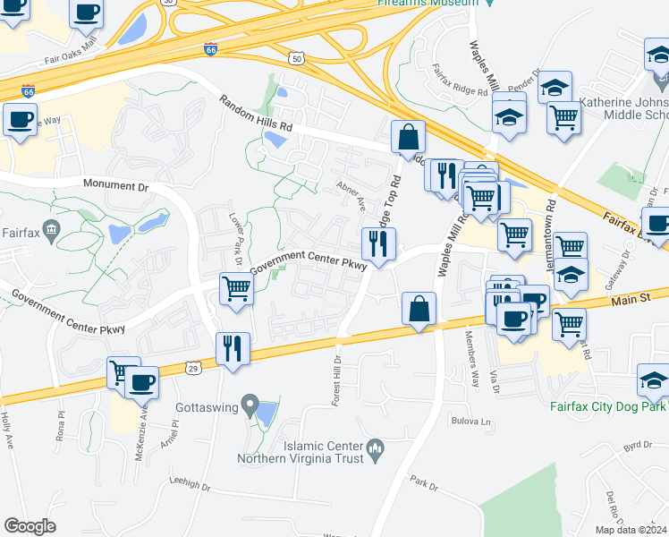 map of restaurants, bars, coffee shops, grocery stores, and more near 4155 Jeremy Grove in Fairfax