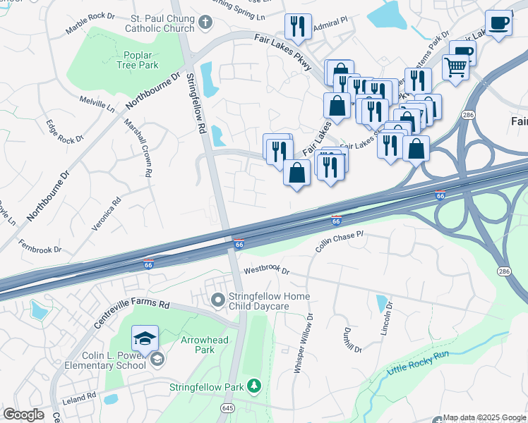 map of restaurants, bars, coffee shops, grocery stores, and more near 13105 Quail Creek Lane in Fairfax