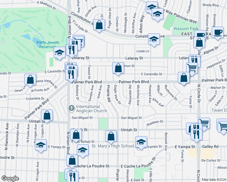 map of restaurants, bars, coffee shops, grocery stores, and more near 1409 Prairie Road in Colorado Springs
