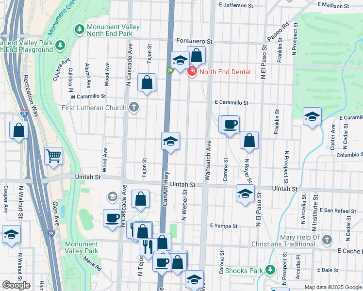 map of restaurants, bars, coffee shops, grocery stores, and more near 1327 North Nevada Avenue in Colorado Springs