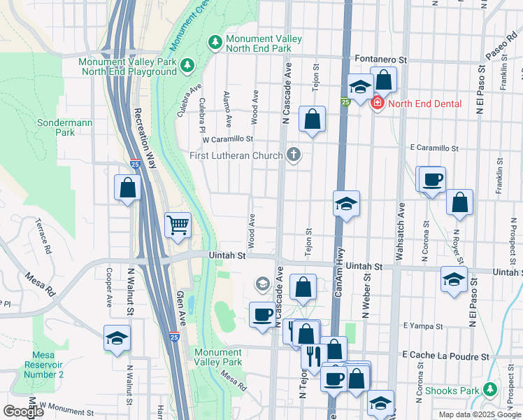 map of restaurants, bars, coffee shops, grocery stores, and more near 1321 Wood Avenue in Colorado Springs