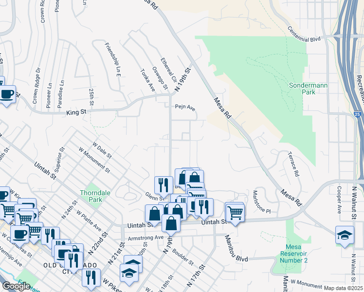 map of restaurants, bars, coffee shops, grocery stores, and more near 930 North 18th Street in Colorado Springs