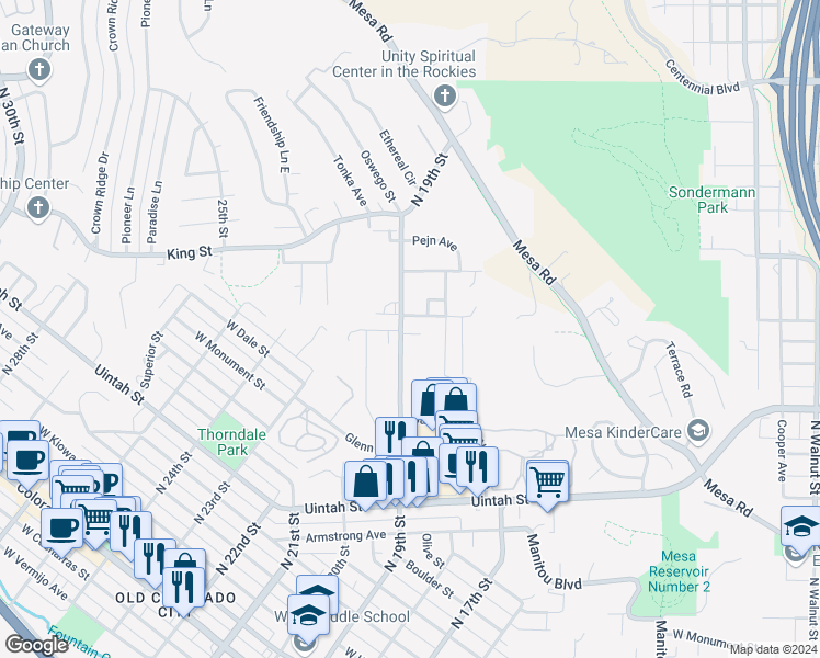map of restaurants, bars, coffee shops, grocery stores, and more near 1903 West Yampa Street in Colorado Springs