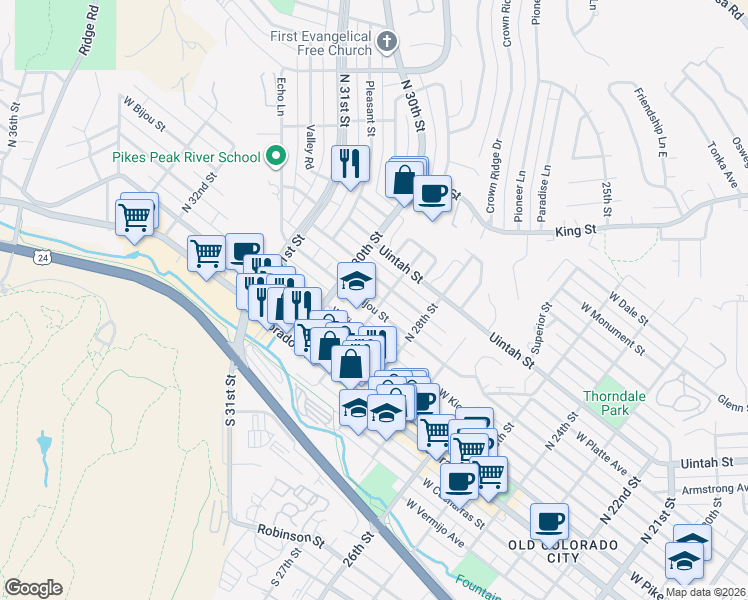 map of restaurants, bars, coffee shops, grocery stores, and more near 2904 West Bijou Street in Colorado Springs