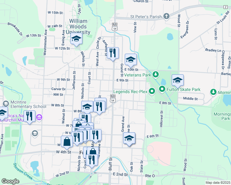 map of restaurants, bars, coffee shops, grocery stores, and more near 804-812 N Bluff St in Fulton