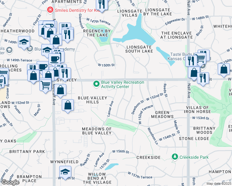 map of restaurants, bars, coffee shops, grocery stores, and more near 15127 Lamar Avenue in Overland Park
