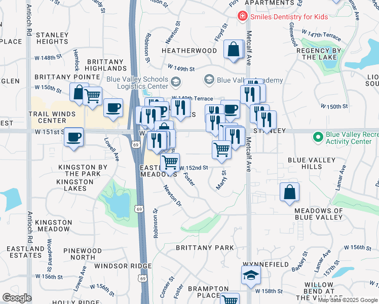 map of restaurants, bars, coffee shops, grocery stores, and more near 7531 Kay Lynn Road in Overland Park