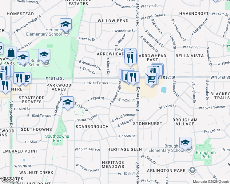 map of restaurants, bars, coffee shops, grocery stores, and more near 1816 South Kiowa Court in Olathe