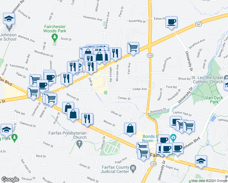 map of restaurants, bars, coffee shops, grocery stores, and more near 10537 Cedar Avenue in Fairfax