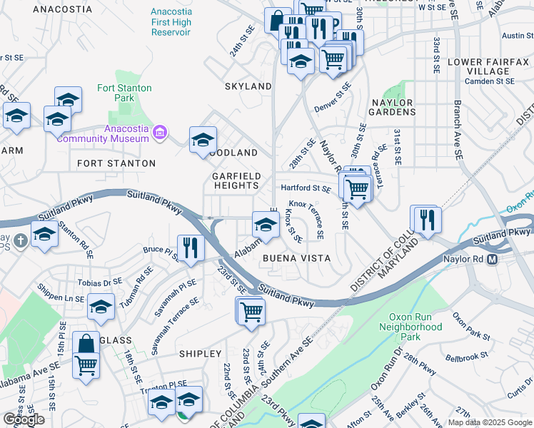 map of restaurants, bars, coffee shops, grocery stores, and more near 2436 Irving Street Southeast in Washington