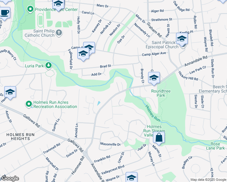 map of restaurants, bars, coffee shops, grocery stores, and more near 3412 Annandale Road in Falls Church