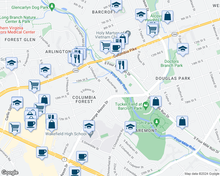 map of restaurants, bars, coffee shops, grocery stores, and more near 1209 South Columbus Street in Arlington