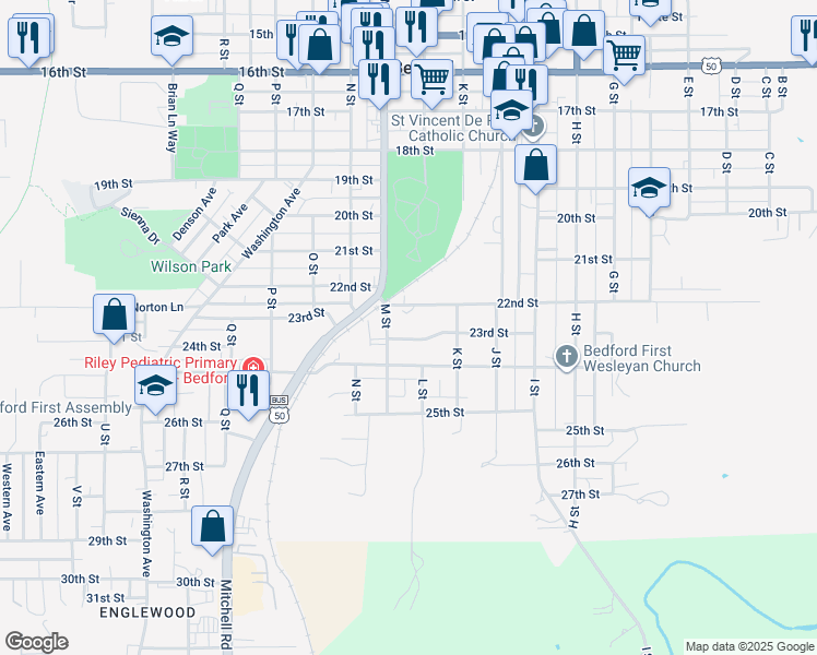 map of restaurants, bars, coffee shops, grocery stores, and more near 2212 M Street in Bedford