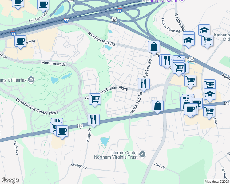 map of restaurants, bars, coffee shops, grocery stores, and more near 4092 River Forth Drive in Fairfax
