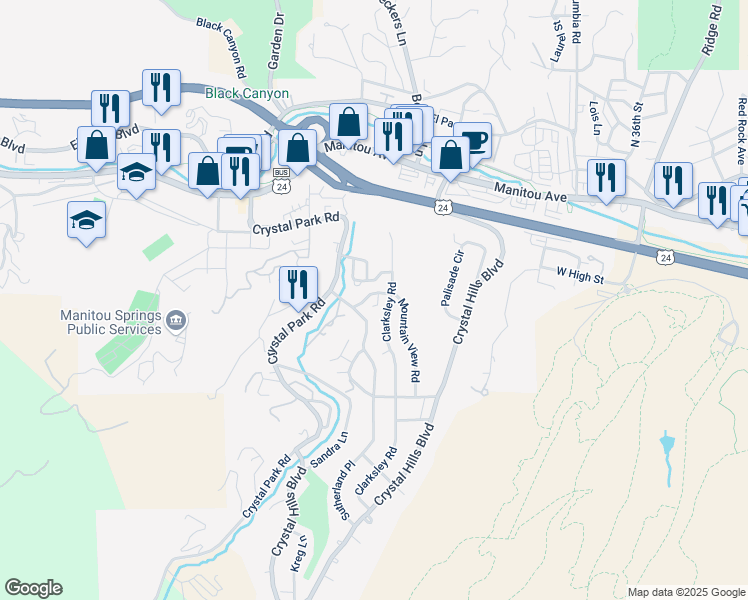 map of restaurants, bars, coffee shops, grocery stores, and more near 5 Mountain View Lane in Manitou Springs