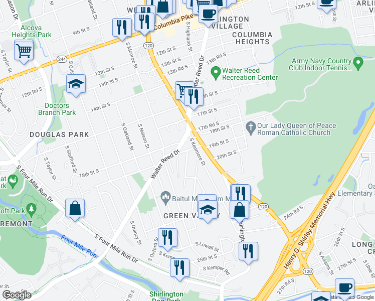 map of restaurants, bars, coffee shops, grocery stores, and more near 19th St S & S Langley St in Arlington