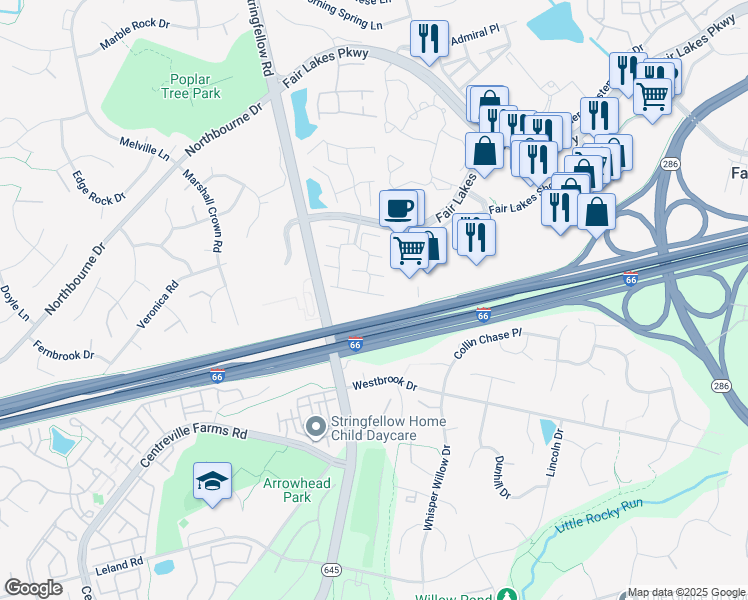 map of restaurants, bars, coffee shops, grocery stores, and more near 13115 Quail Creek Lane in Fairfax