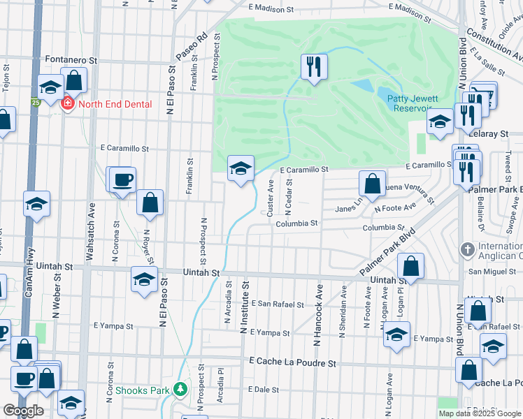 map of restaurants, bars, coffee shops, grocery stores, and more near 1410 Custer Avenue in Colorado Springs