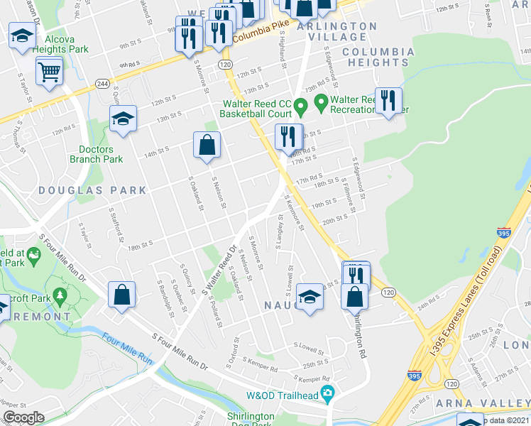 map of restaurants, bars, coffee shops, grocery stores, and more near South Walter Reed Drive & 19th Street South in Arlington