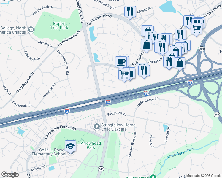 map of restaurants, bars, coffee shops, grocery stores, and more near 13125 Quail Creek Lane in Fairfax