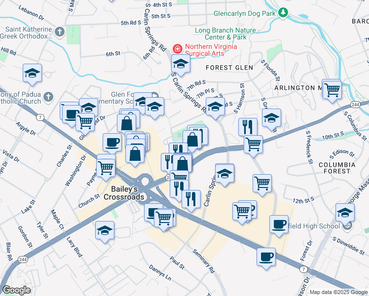 map of restaurants, bars, coffee shops, grocery stores, and more near 3423 Spring Lane in Bailey's Crossroads