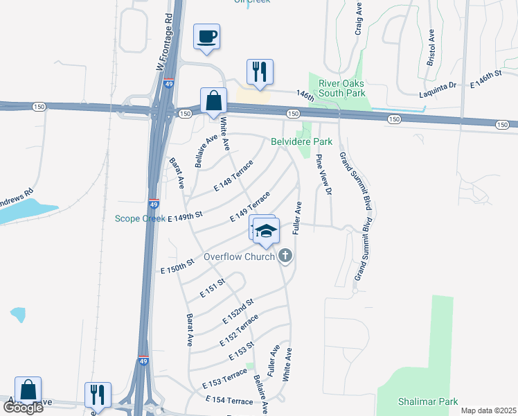 map of restaurants, bars, coffee shops, grocery stores, and more near 6301 East 149 Terrace in Grandview