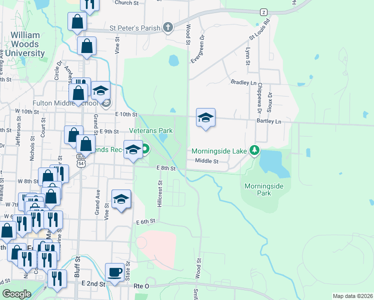 map of restaurants, bars, coffee shops, grocery stores, and more near 898 Wood Street in Fulton