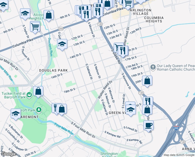 map of restaurants, bars, coffee shops, grocery stores, and more near 1726 South Nelson Street in Arlington