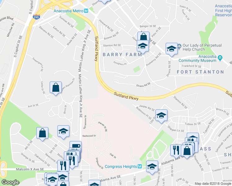 map of restaurants, bars, coffee shops, grocery stores, and more near Suitland Pkwy in Washington