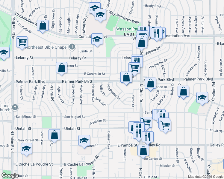 map of restaurants, bars, coffee shops, grocery stores, and more near 1407 Northview Drive in Colorado Springs