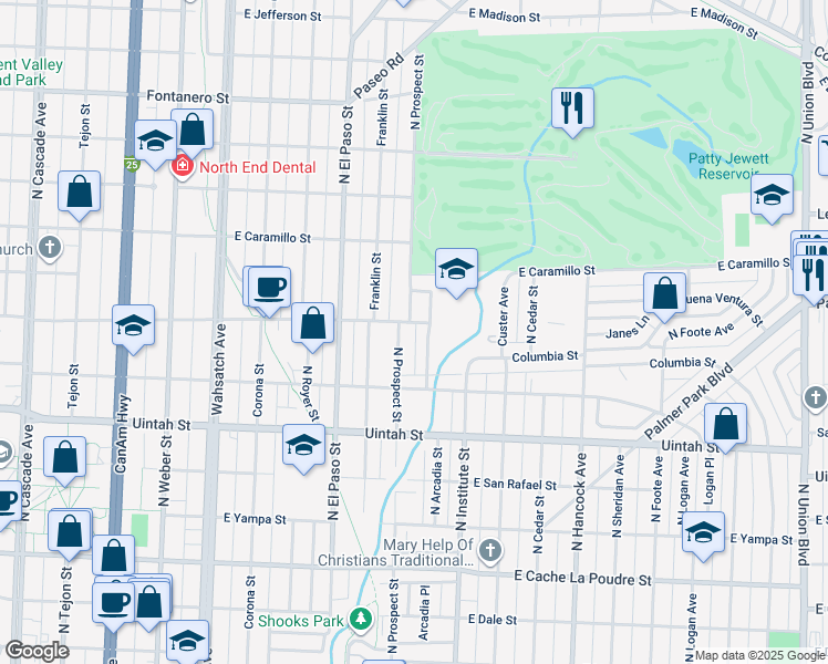 map of restaurants, bars, coffee shops, grocery stores, and more near 1339 North Prospect Street in Colorado Springs