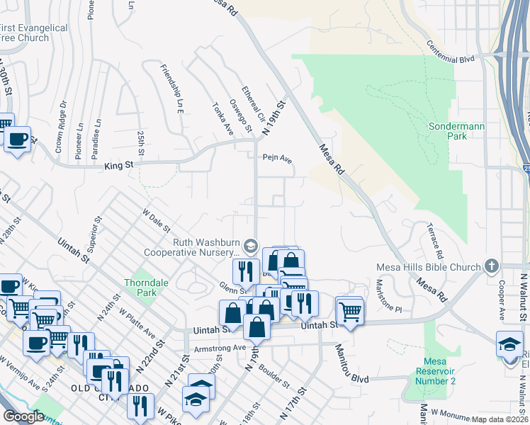 map of restaurants, bars, coffee shops, grocery stores, and more near 930 North 18th Street in Colorado Springs