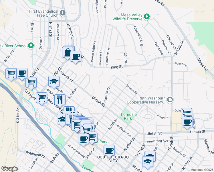 map of restaurants, bars, coffee shops, grocery stores, and more near in Colorado Springs