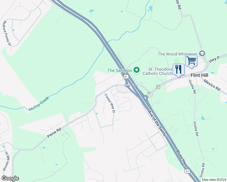 map of restaurants, bars, coffee shops, grocery stores, and more near 1222 Peine Lakes Drive in Wentzville