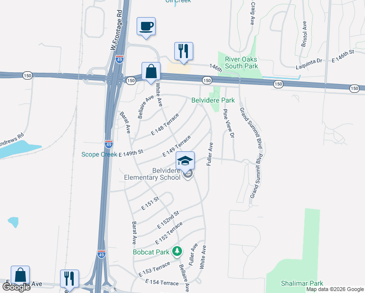 map of restaurants, bars, coffee shops, grocery stores, and more near 6211 East 149 Terrace in Grandview