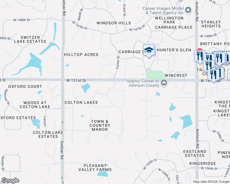 map of restaurants, bars, coffee shops, grocery stores, and more near 9506 West 152nd Court in Overland Park
