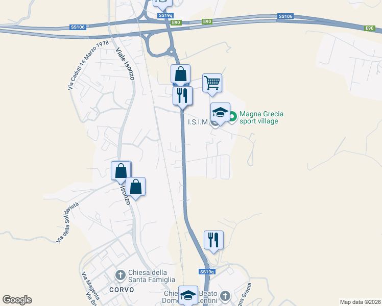 map of restaurants, bars, coffee shops, grocery stores, and more near 299 Strada Statale 19q in Catanzaro