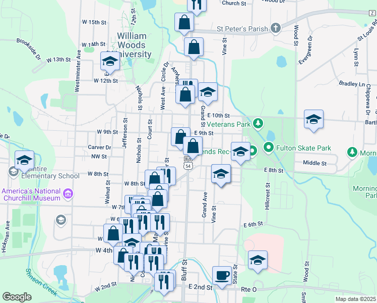 map of restaurants, bars, coffee shops, grocery stores, and more near 812 North Bluff Street in Fulton