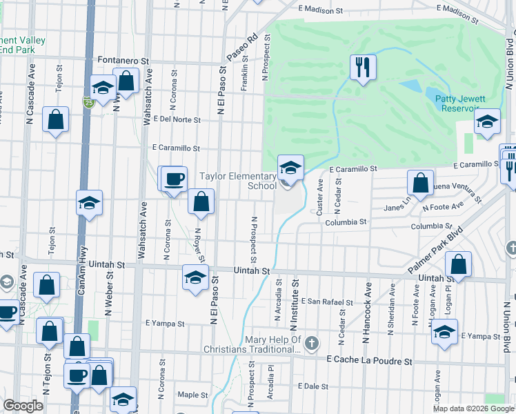map of restaurants, bars, coffee shops, grocery stores, and more near 1339 North Prospect Street in Colorado Springs